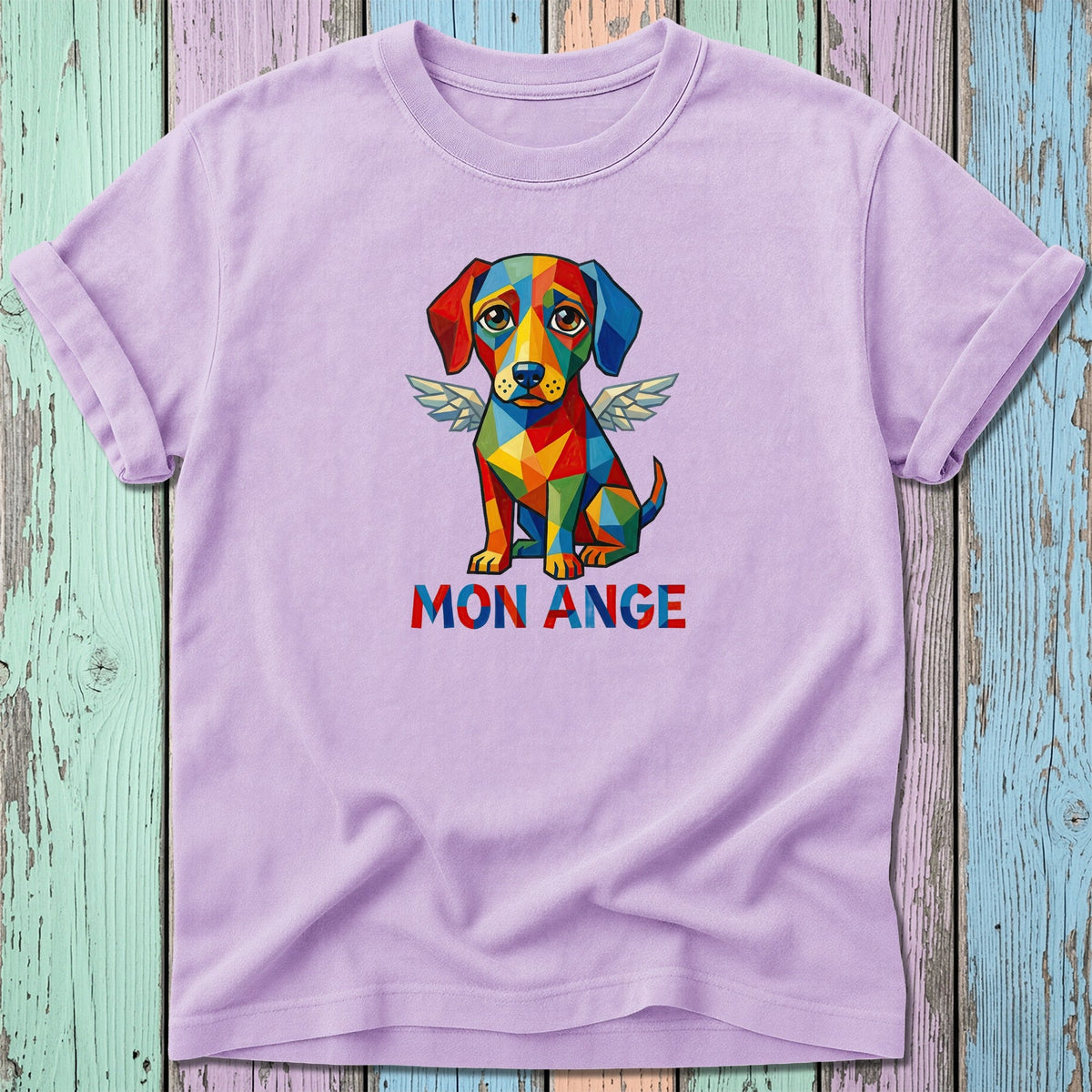 Purple t-shirt with colorful geometric dog with wings and "MON ANGE" text.
