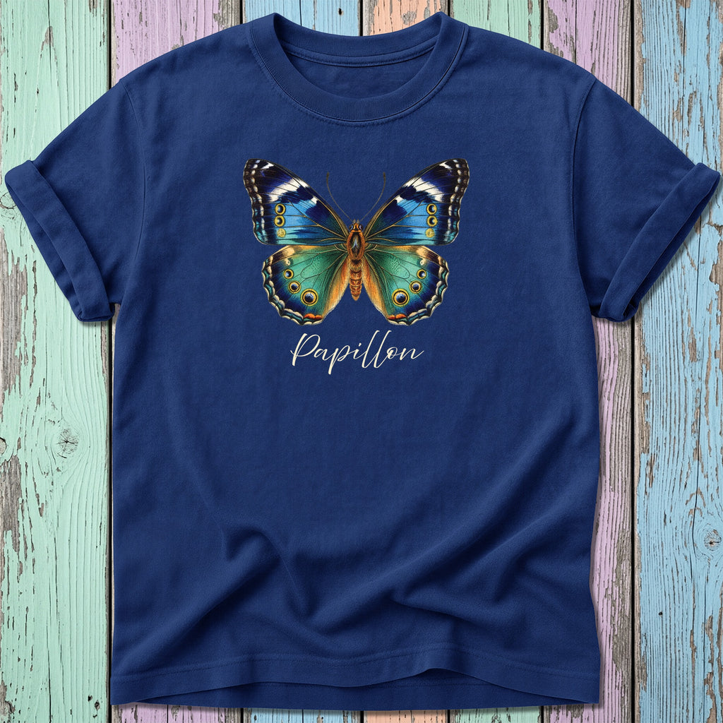 Navy t-shirt with a detailed blue and green butterfly graphic and "Papillon" text.