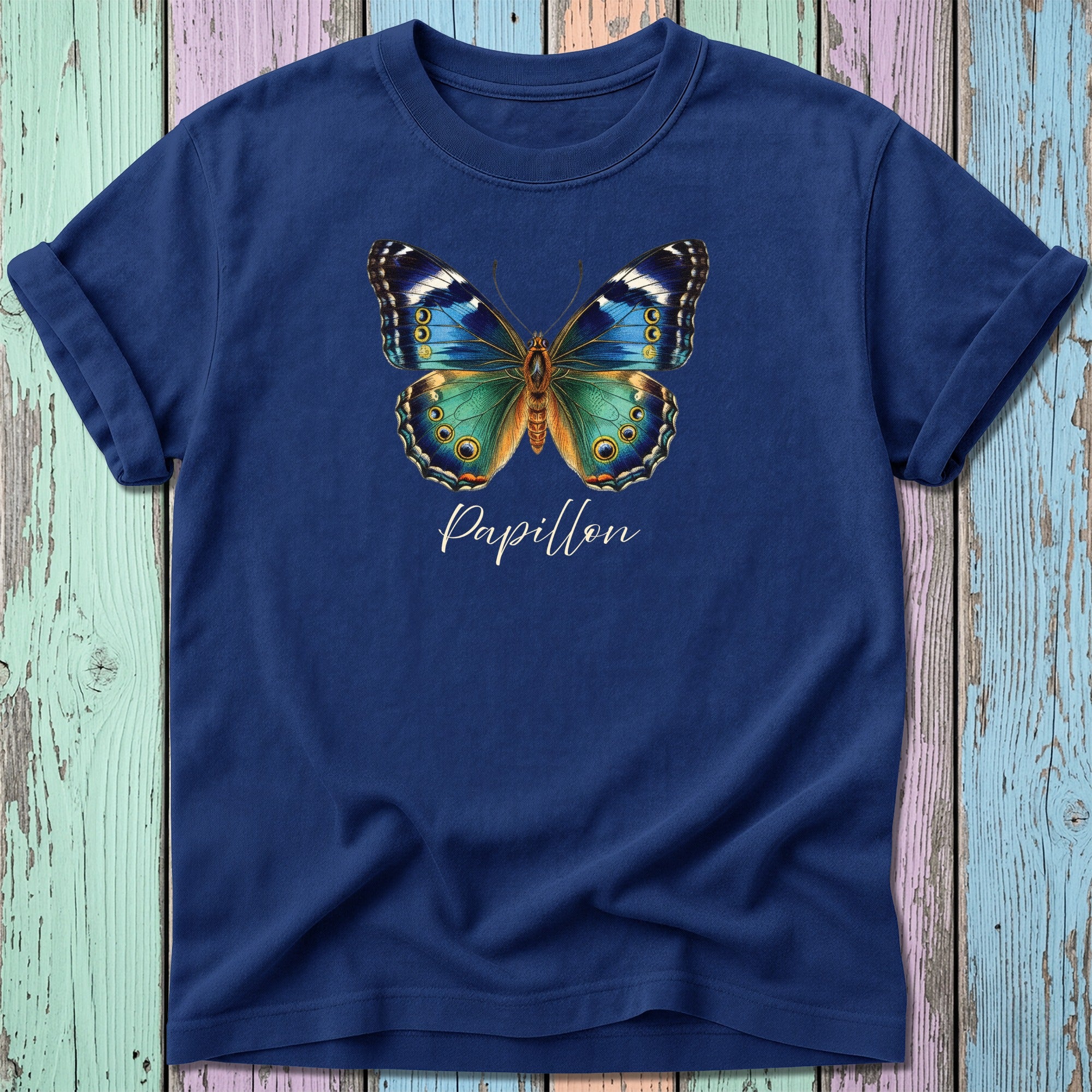 Navy t-shirt with a detailed blue and green butterfly graphic and "Papillon" text.
