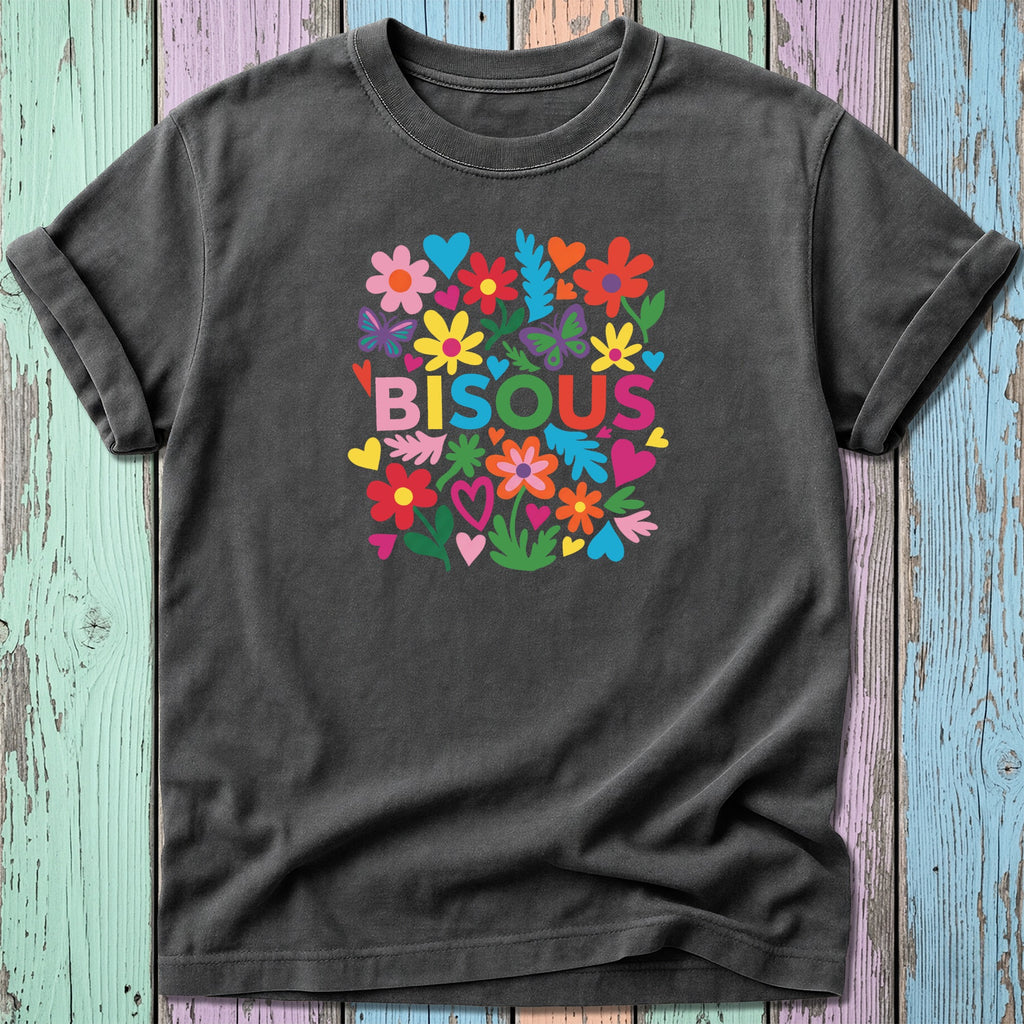 Dark t-shirt with colorful floral pattern and "BISOU" text.