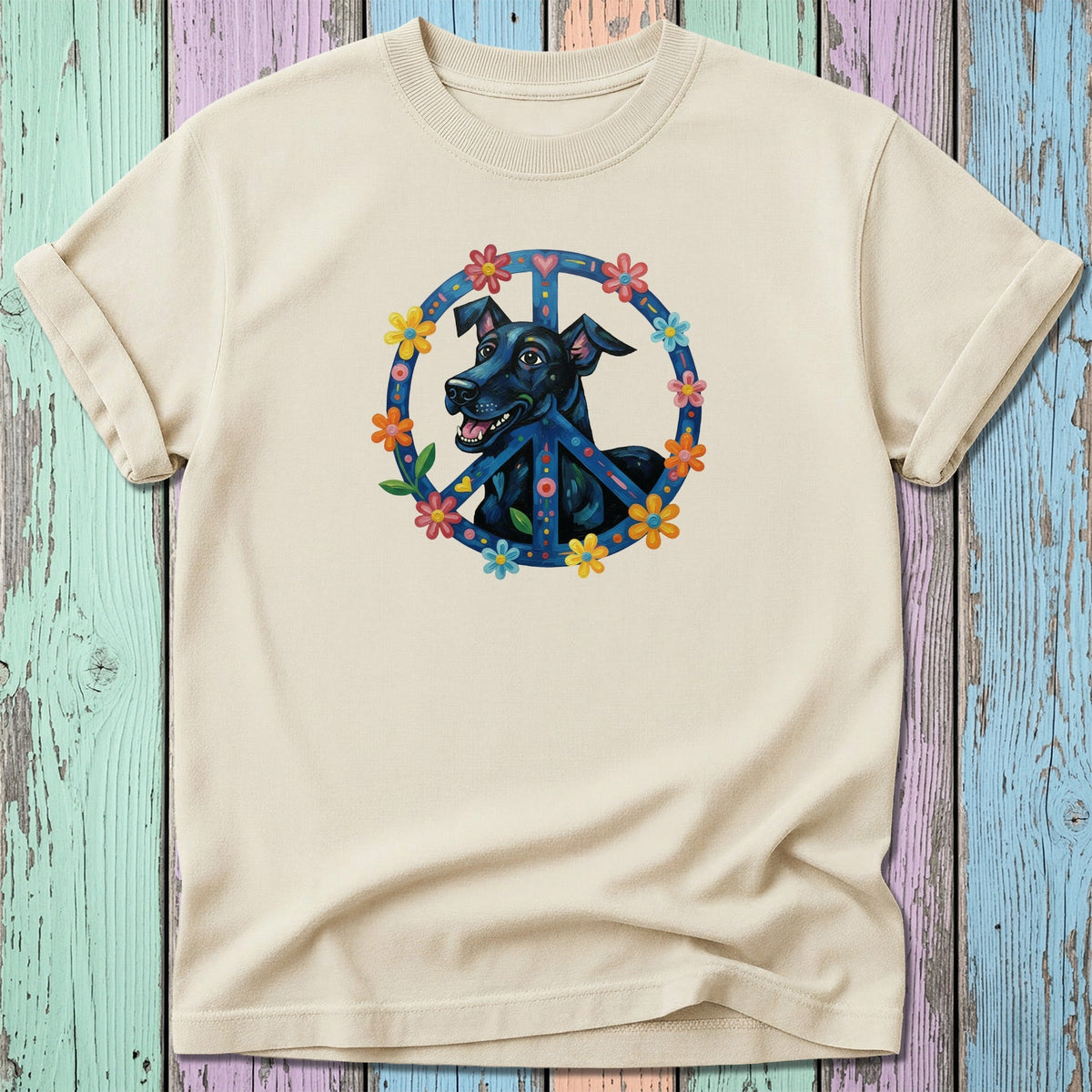 Cream t-shirt with black dog inside a peace sign made of flowers.