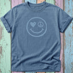Blue t-shirt with a distressed smiley face, heart, and peace sign graphic.