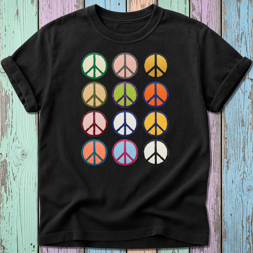 Black t-shirt with a grid of twelve colorful peace sign icons.