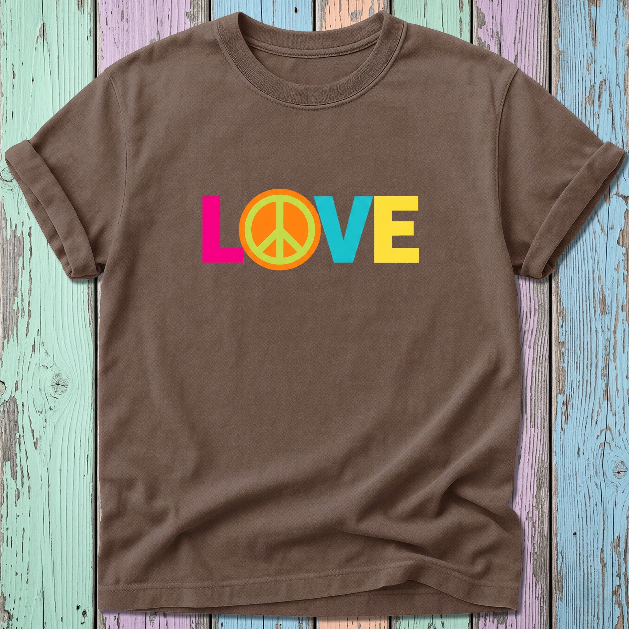 Brown t-shirt with colorful "LOVE" and peace sign graphic.