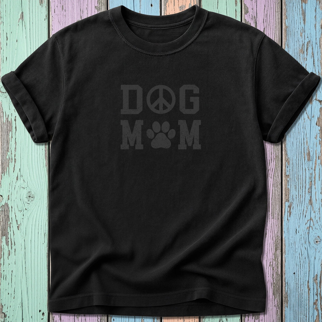 Black t-shirt with text "DOG M&M" and a peace sign icon.