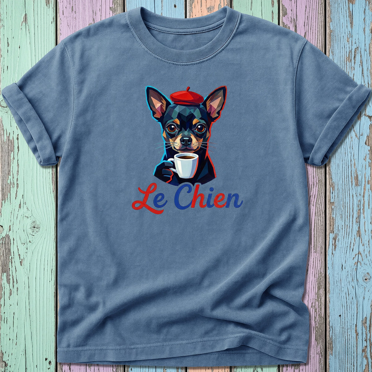 Blue t-shirt with colorful geometric chihuahua wearing red beret and holding coffee cup.