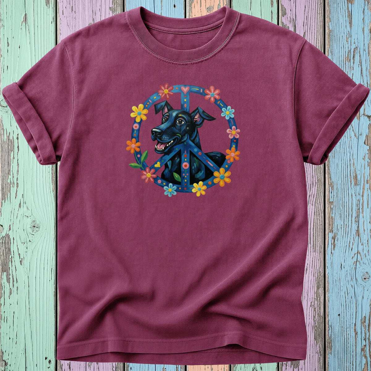 Maroon t-shirt with a black dog inside a colorful peace sign.