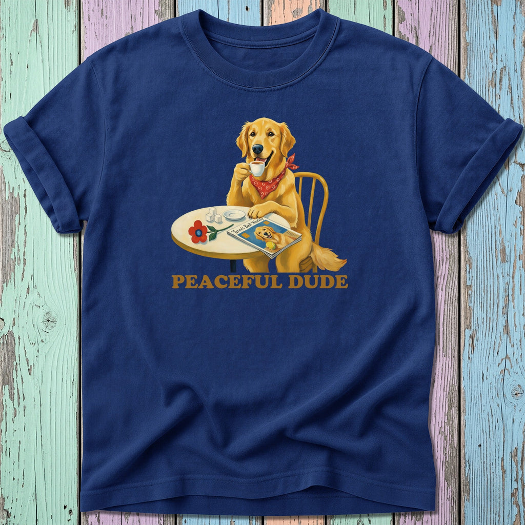 Navy t-shirt with a Golden Retriever drinking coffee and reading a magazine.