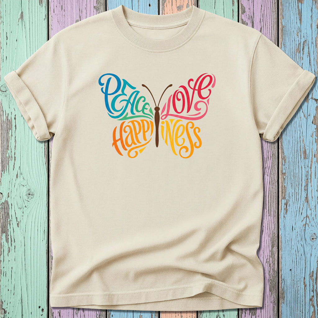 Cream t-shirt with a colorful butterfly graphic that says "Peace Love Happiness".