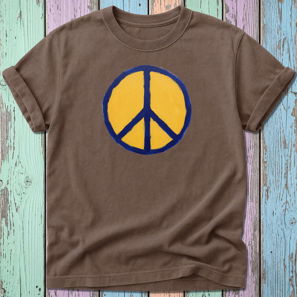 Brown t-shirt with a yellow and blue peace symbol.