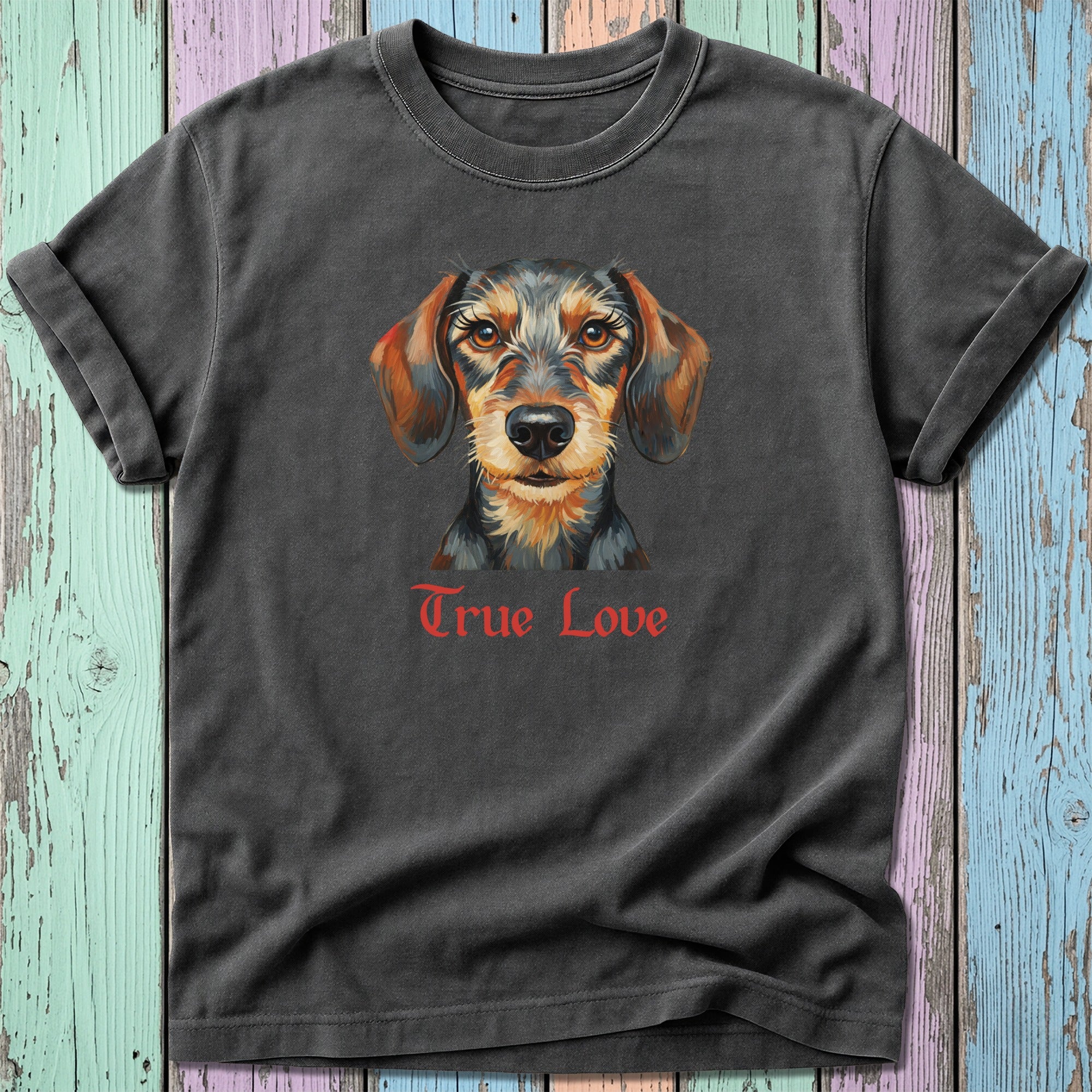 Dark t-shirt with a painted dachshund portrait and "True Love" text.