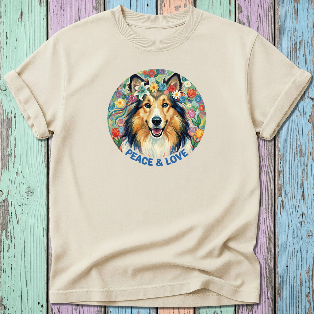 Cream t-shirt with a dog's portrait surrounded by flowers, text "PEACE & LOVE".