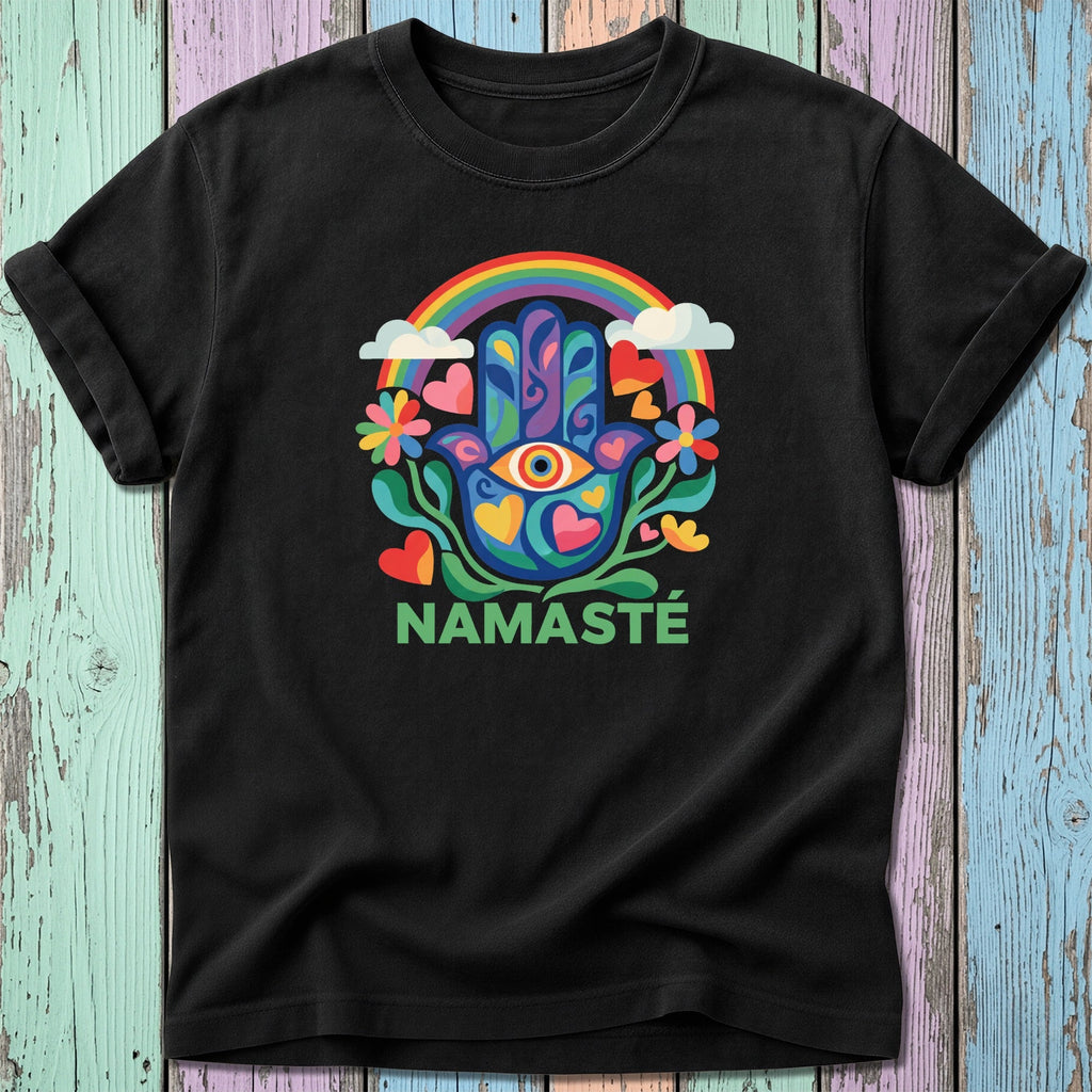 Black t-shirt with rainbow hamsa hand, flowers, clouds, and "Namaste" text.