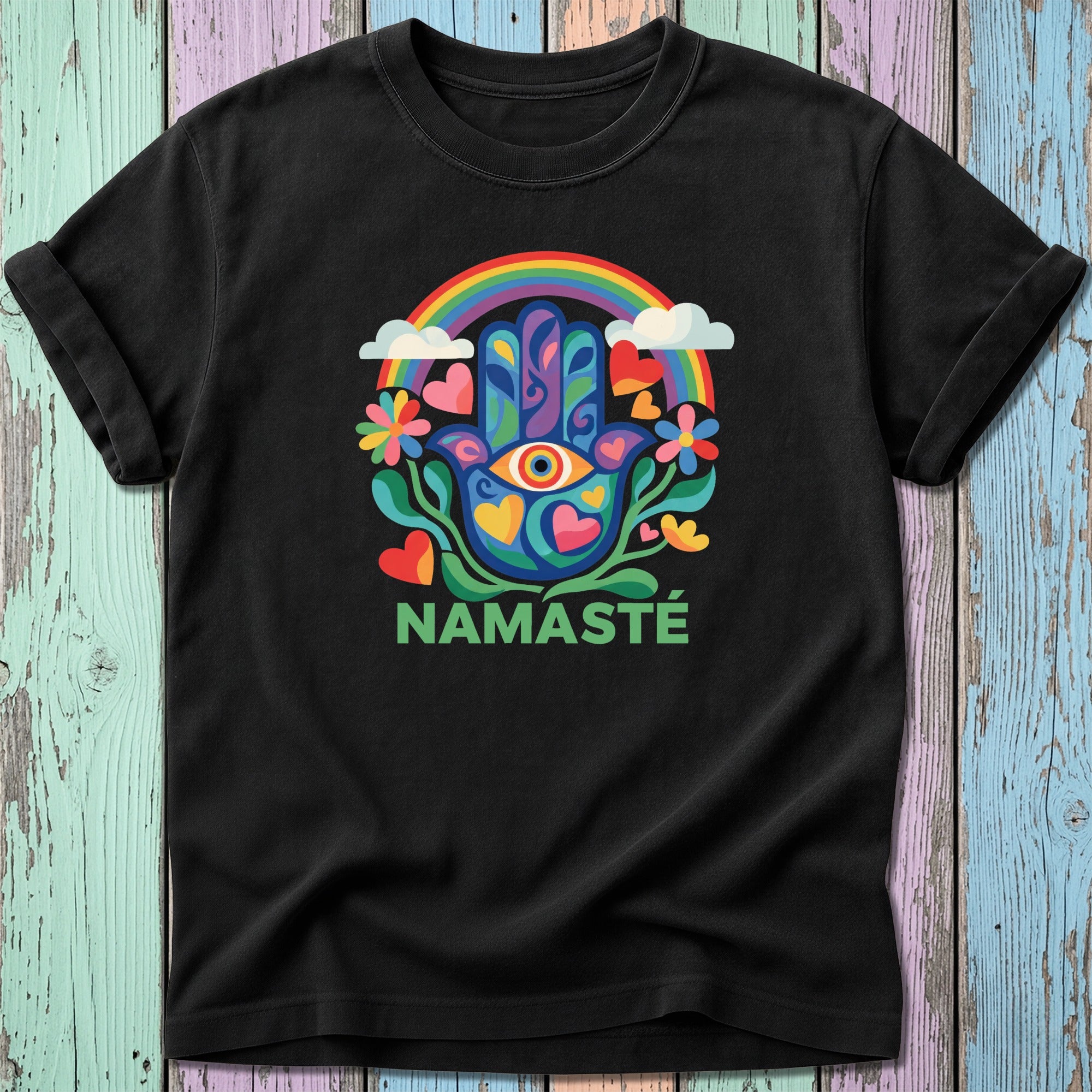 Black t-shirt with rainbow hamsa hand, flowers, clouds, and "Namaste" text.