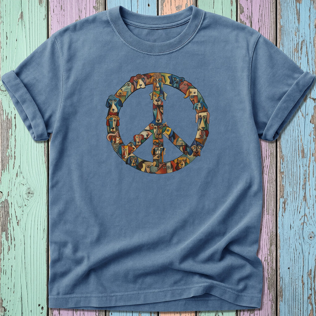 T-shirt with a peace sign made of dog faces.