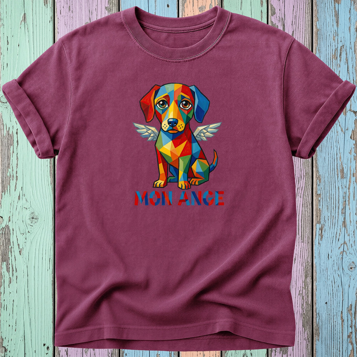 Maroon t-shirt with geometric colorful dog with wings and "MON ANGE" text.