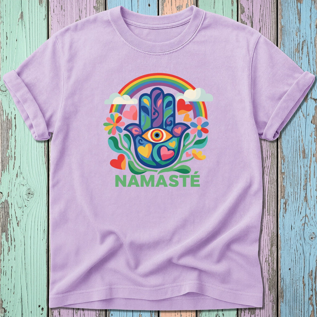 Lavender t-shirt with rainbow Hamsa hand, eye, flowers, and "NAMASTÉ" text.