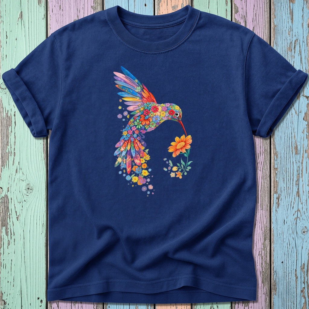 Navy t-shirt with colorful floral hummingbird design feeding from a yellow flower.