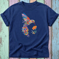Navy t-shirt with colorful floral hummingbird design feeding from a yellow flower.