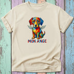 Beige t-shirt with a geometric, colorful dog with wings and text "MON ANGE".
