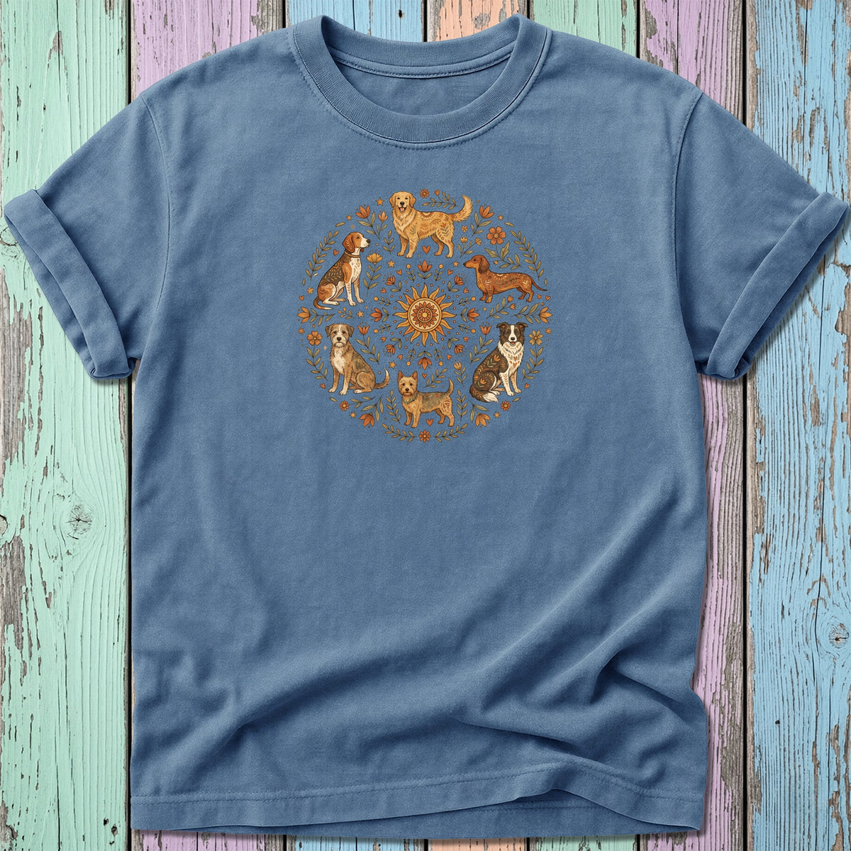 Blue t-shirt with a circular design of six illustrated dogs and floral accents.