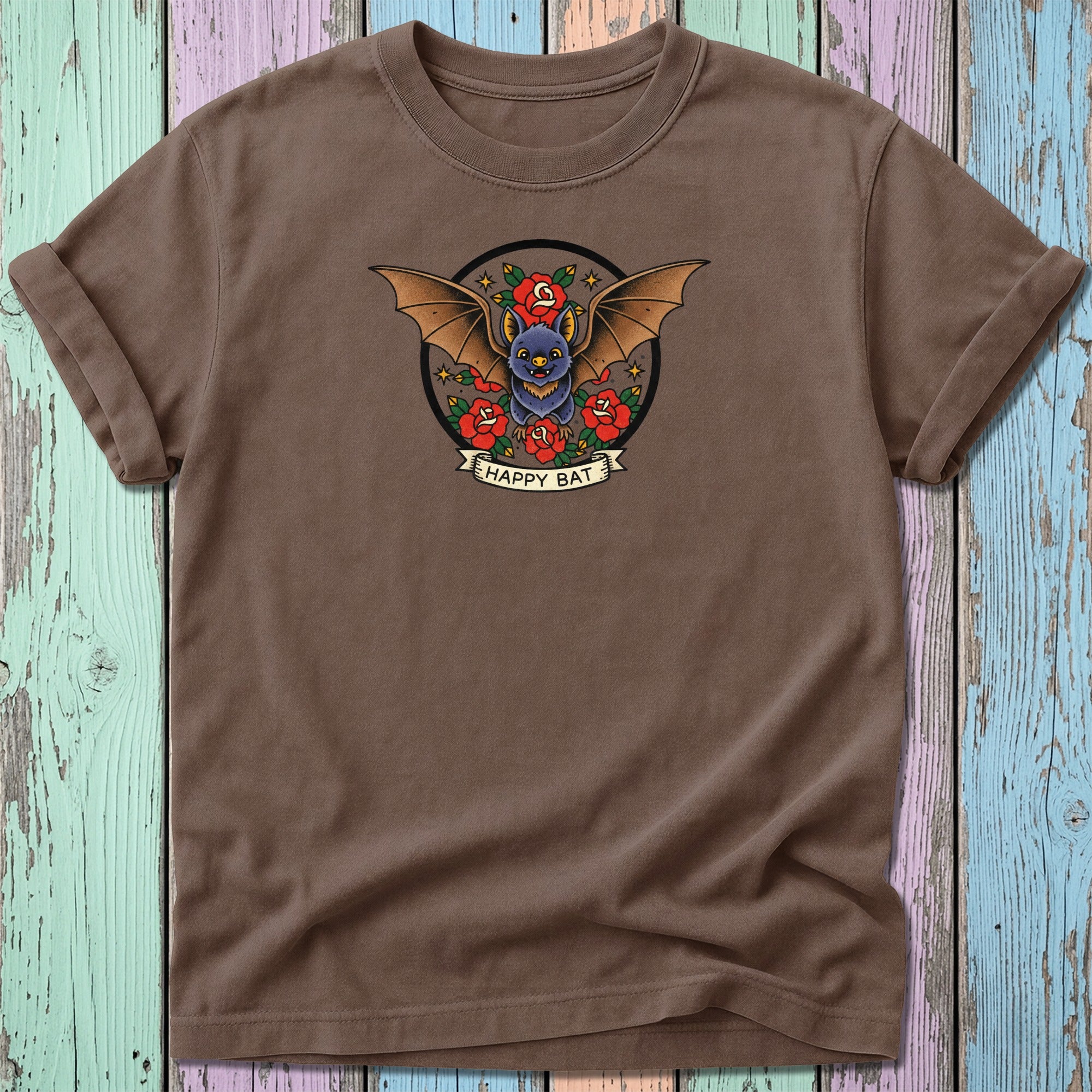 Brown t-shirt with a circular tattoo-style bat graphic and "Happy Bat" text.