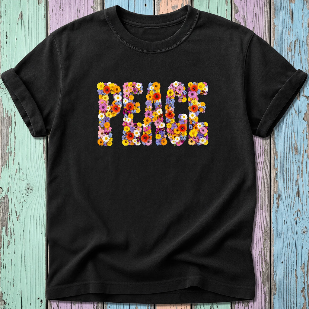 Black t-shirt with "PEACE" spelled out in colorful flowers.
