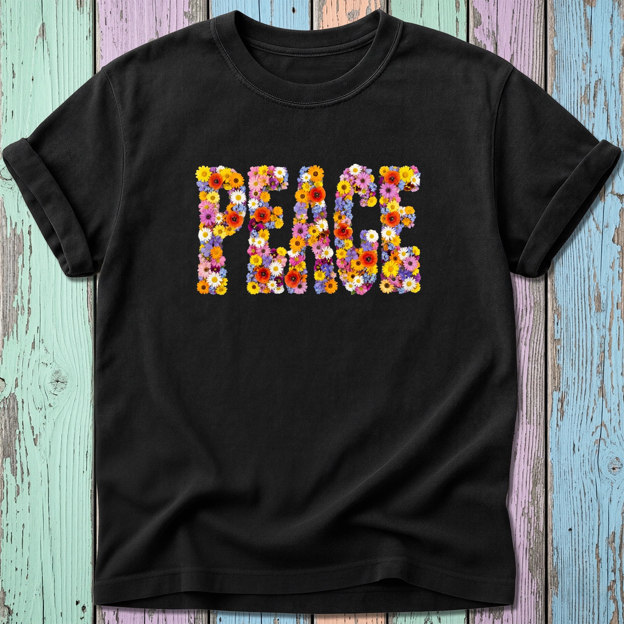 Black t-shirt with "PEACE" spelled out in colorful flowers.