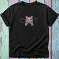 Black t-shirt with colorful cat design featuring a peace sign.