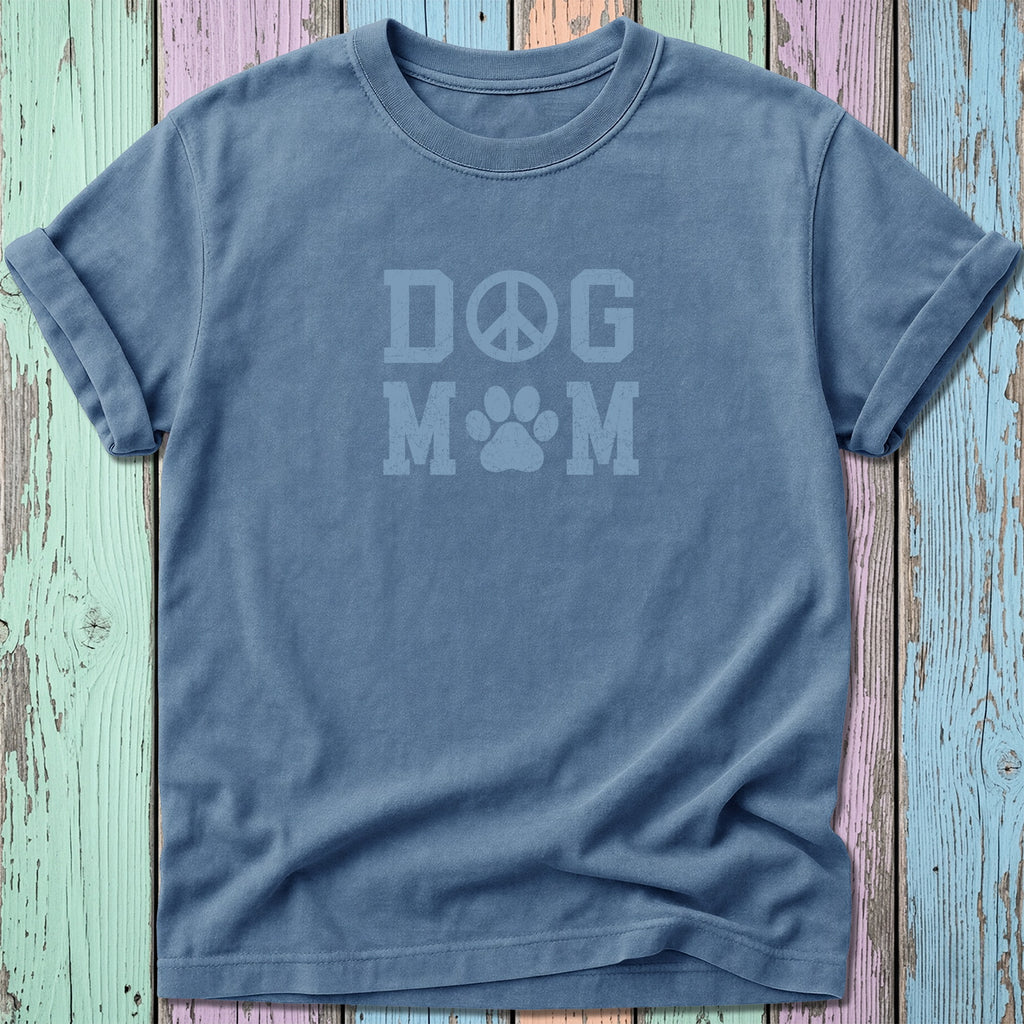 Blue t-shirt with "DOG MOM" text and a dog paw print.