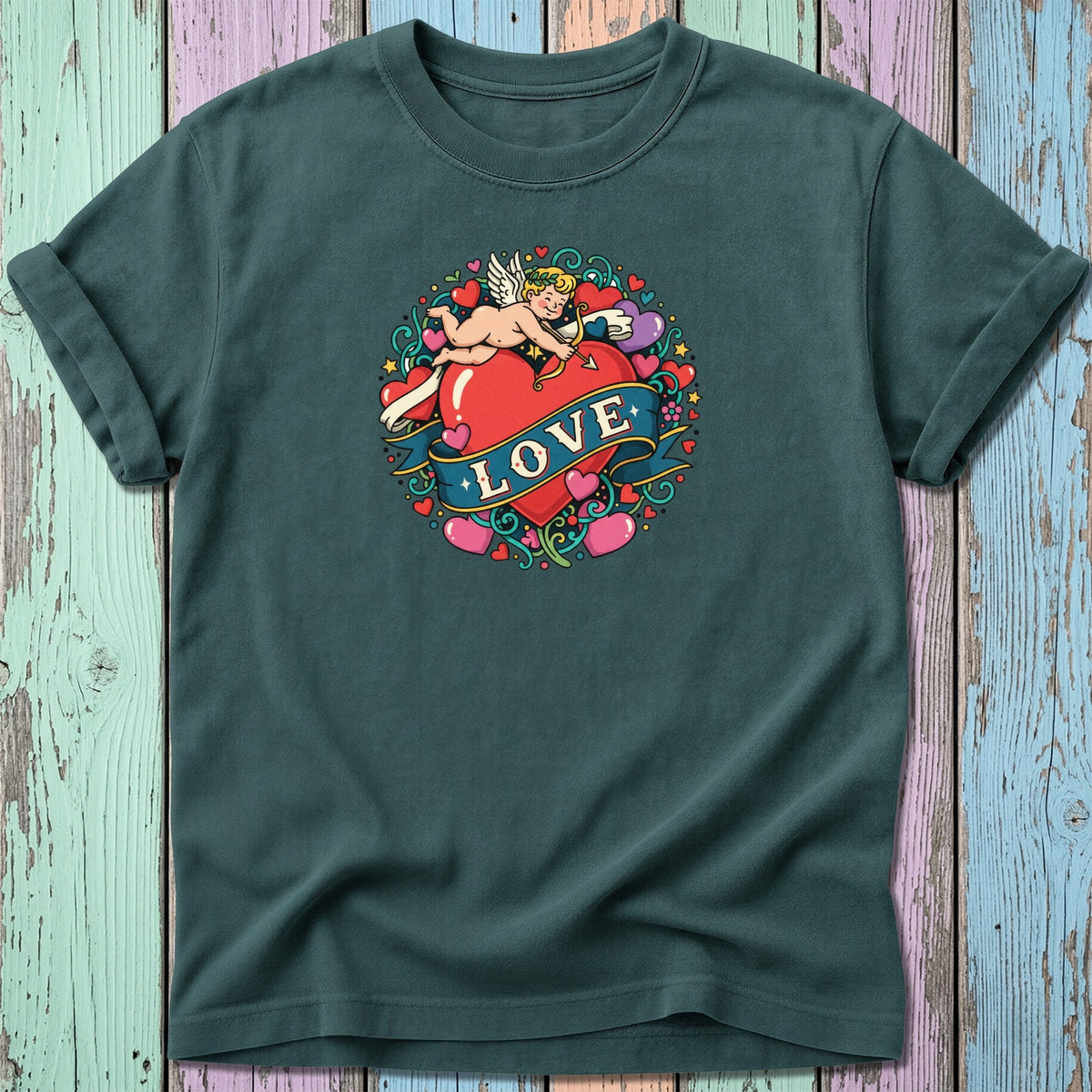 T-shirt with a cupid illustration surrounded by hearts and a "Love" banner.
