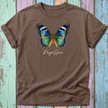 Brown t-shirt with blue and green butterfly graphic and "Papillon" text.