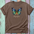 Brown t-shirt with blue and green butterfly graphic and "Papillon" text.