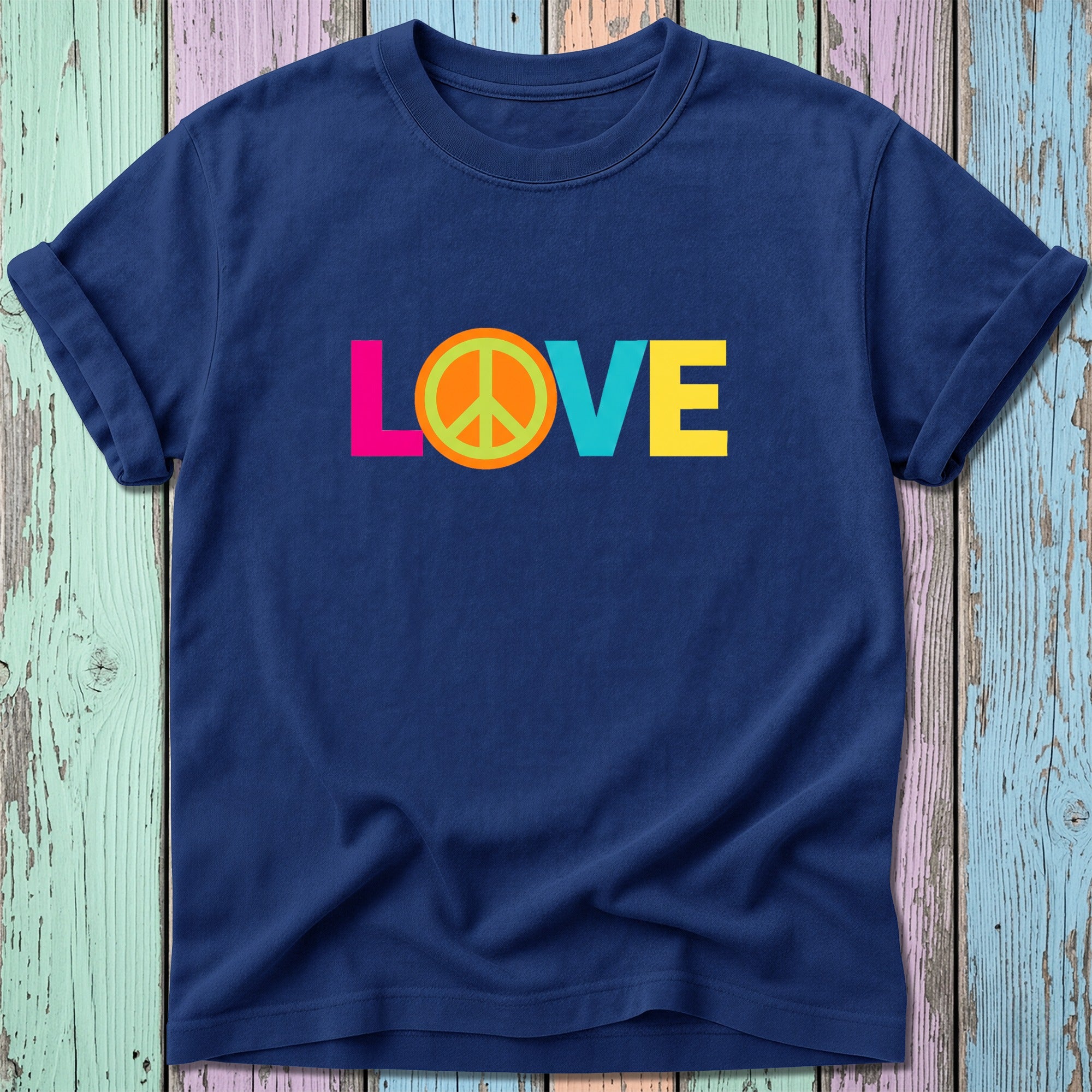 Navy t-shirt with colorful "LOVE" text and peace symbol.