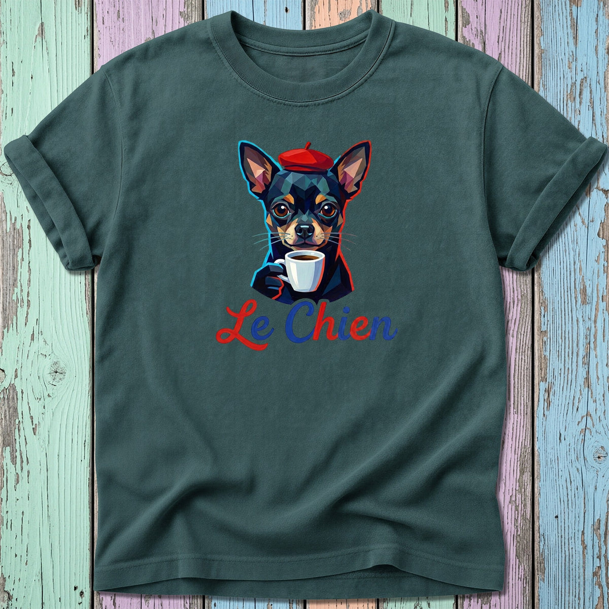 Chihuahua wearing beret holds coffee cup with text "Le Chien".