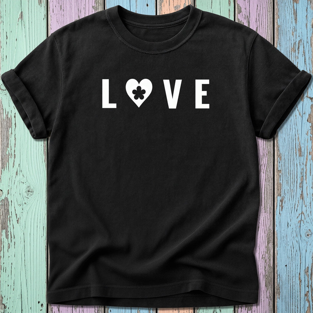 Black t-shirt with white "LOVE" text and a clover heart icon.