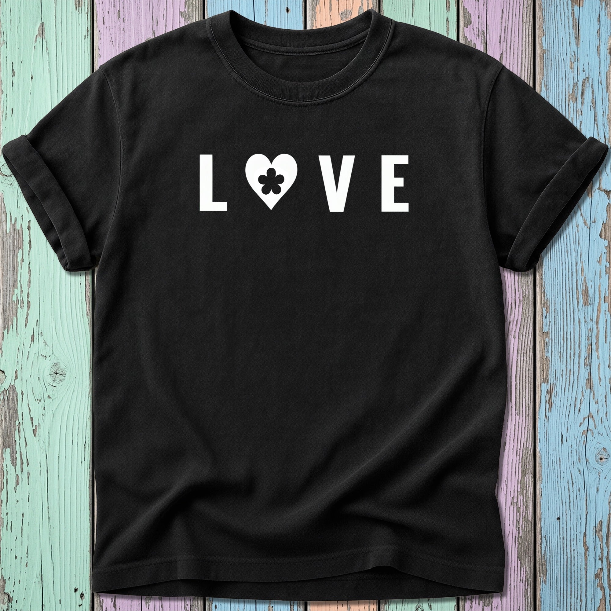 Black t-shirt with white "LOVE" text and a clover heart icon.