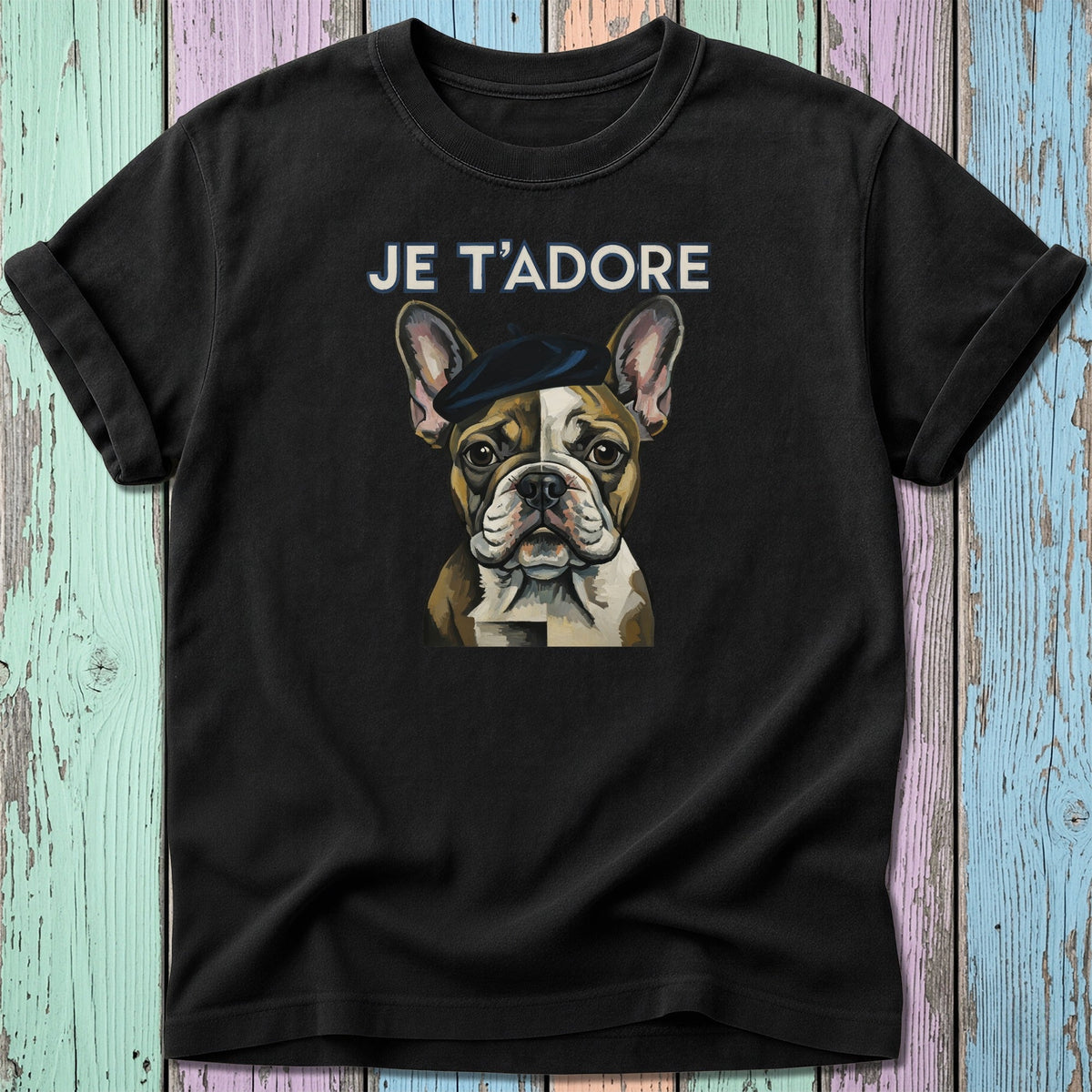 Black t-shirt with "JE T'ADORE" and a French bulldog wearing a beret.