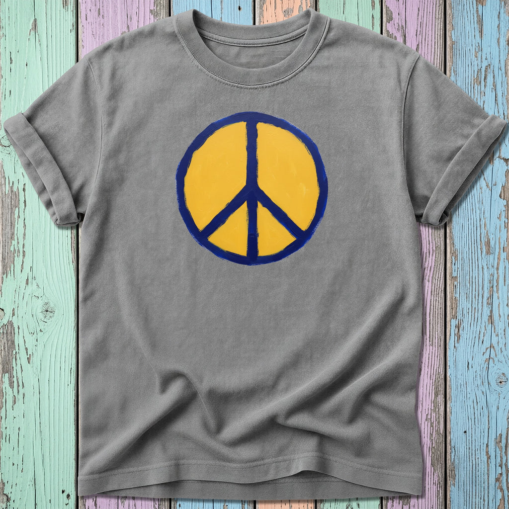 Gray t-shirt with a yellow and blue peace sign graphic.