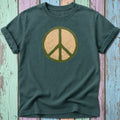 Dark teal t-shirt with distressed green and beige peace sign graphic.