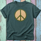 Dark teal t-shirt with distressed green and beige peace sign graphic.