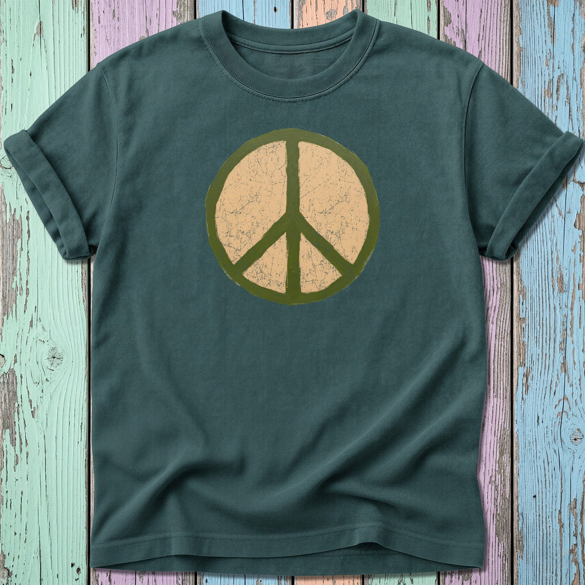 Dark teal t-shirt with distressed green and beige peace sign graphic.