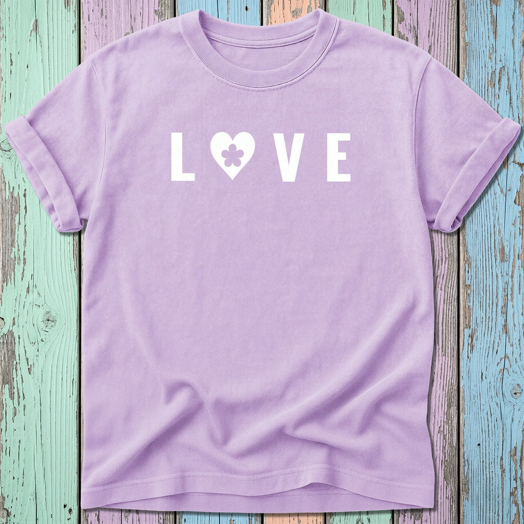 Purple t-shirt with "LOVE" and a clover heart graphic.