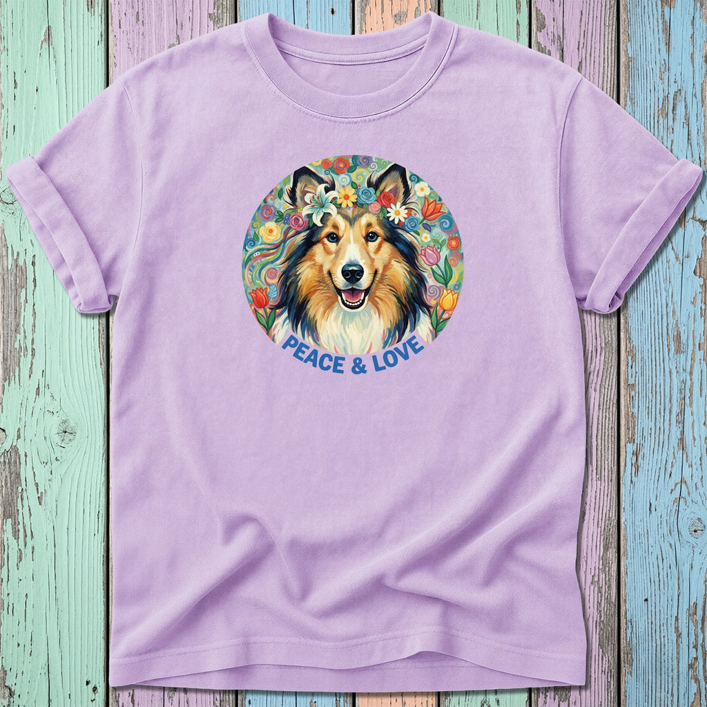 Purple t-shirt with a dog wearing a flower crown and "Peace & Love" text.