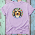 Purple t-shirt with a dog wearing a flower crown and "Peace & Love" text.