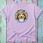 Purple t-shirt with a dog wearing a flower crown and "Peace & Love" text.