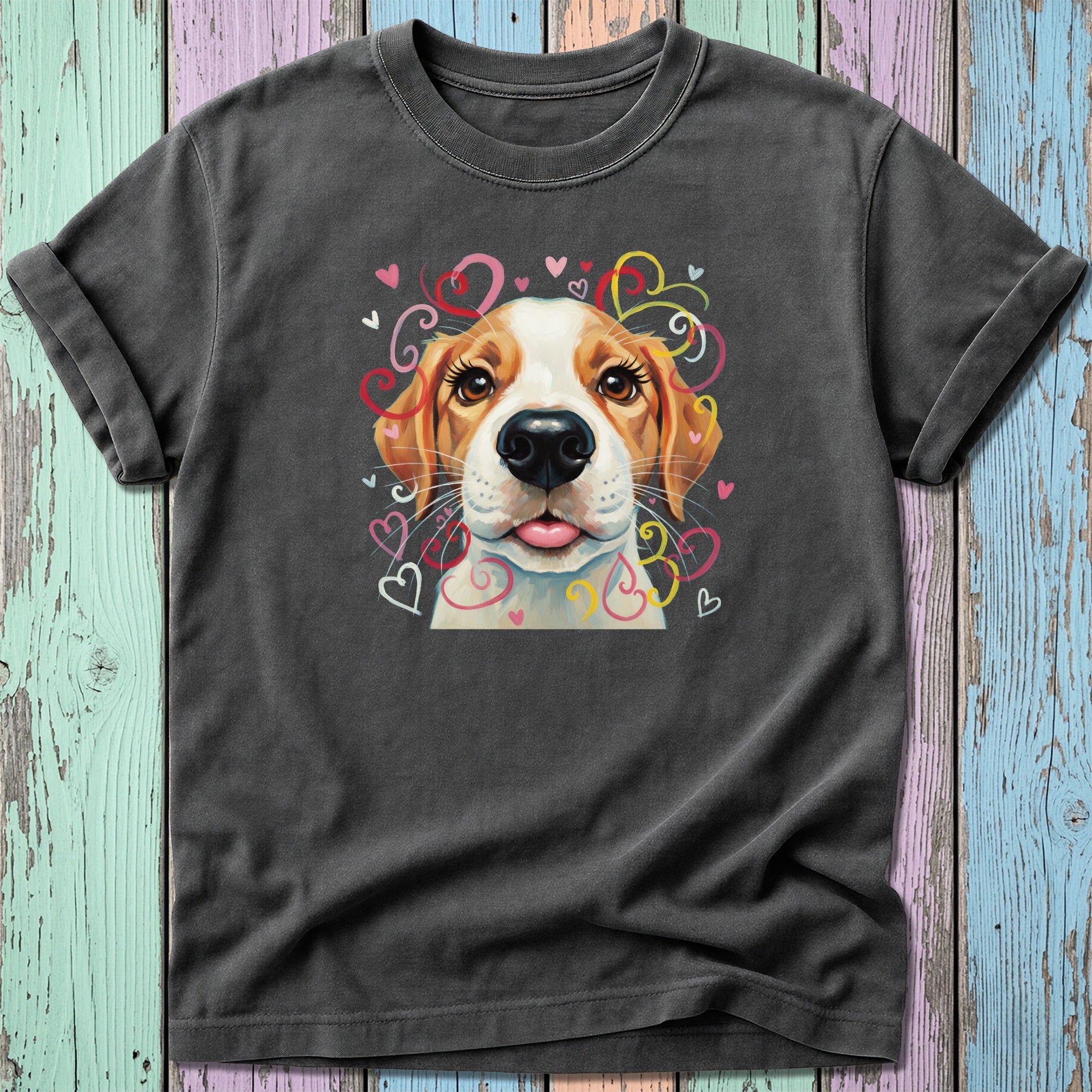 Dark gray t-shirt with a cartoon dog wearing hearts around its head.